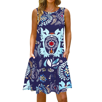 Colorful Printed O Neck Long Dress Casual Bohemian Sleeveless