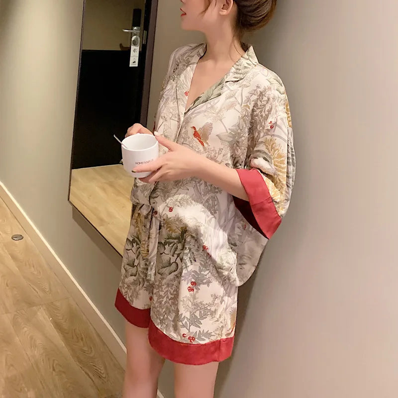 Summer Women Pajama Set Short Sleeve Pajamas for Woman Stain Silk Fashion Luxury Pijamas Flowers Bird Print Lapel Sleepwear