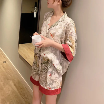 Summer Women Pajama Set Short Sleeve Pajamas for Woman Stain Silk Fashion Luxury Pijamas Flowers Bird Print Lapel Sleepwear