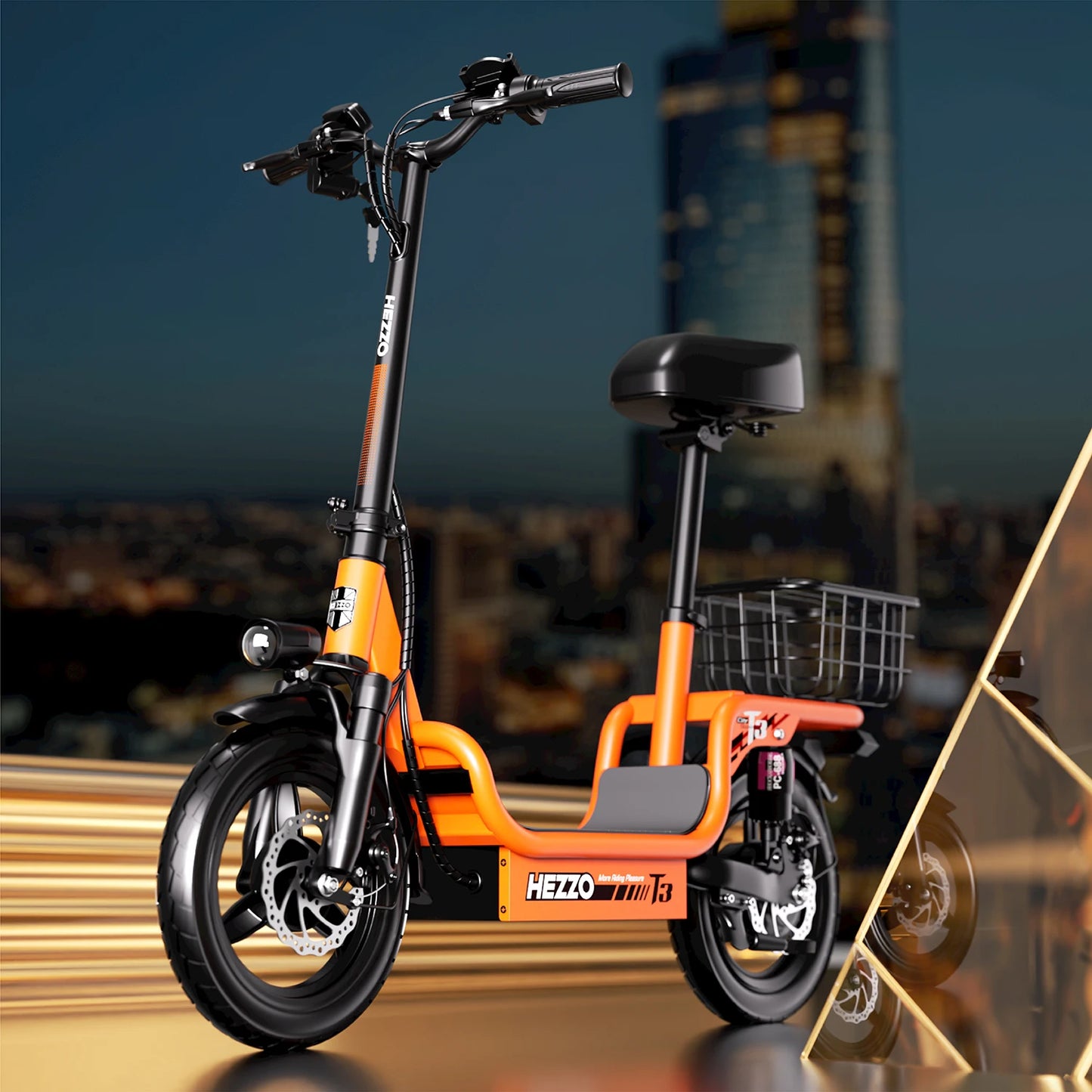 HEZZO Electric Scooter w/ Seat & Basket 48V 15Ah 500W Powerful Motor Foldable E-Scooter Ample Storage Up to 20Mph 25Miles Range