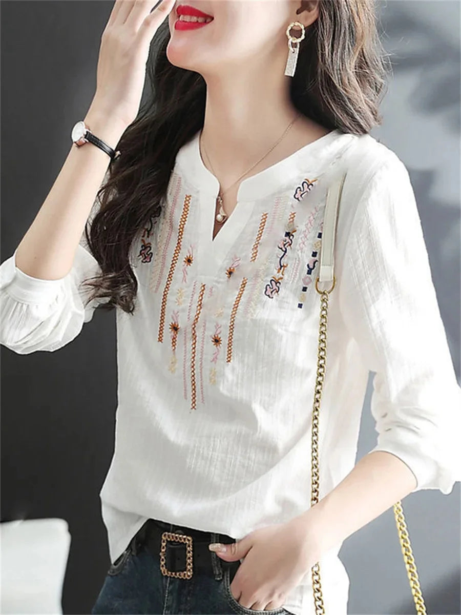 Women Spring Autumn White Blouses Tops Lady Casual Embroidery V-Neck Long Sleeve Vintage Loose Blusas Top