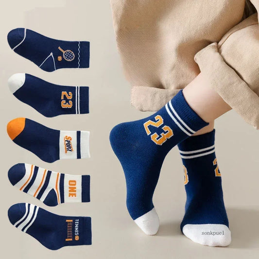 5 Pairs Kids Boys Socks Tennis Series Children Sport School Students Socks Spring Autumn Soft Cotton Toddler Mid Tube Sock