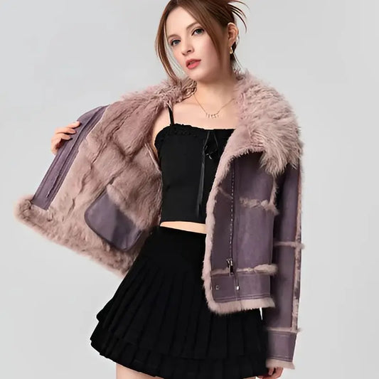 2024New Spring Women Retro Short Faux Leather Fur Coat Clothing Moto Biker Zipper Sheepskin Jacket Long Sleeved Turn Down Collar