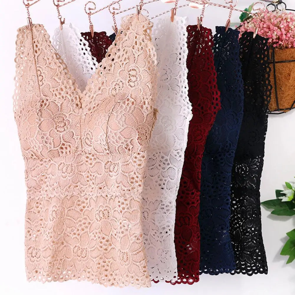 Tank Top V-neck Padded Vest  Spaghetti Straps All-Match Sexy Lace Long Bra Crochet Vest Inside Wear