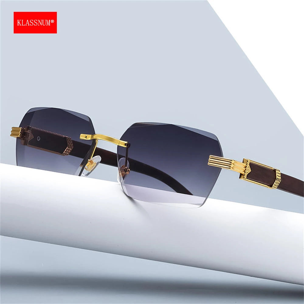 KLASSNUM Men Luxury Rimless Sunglasses Rectangle Anti UV400 Color Lens with Wooden Grain Leg Unisex Women Retro Shades 2024 New