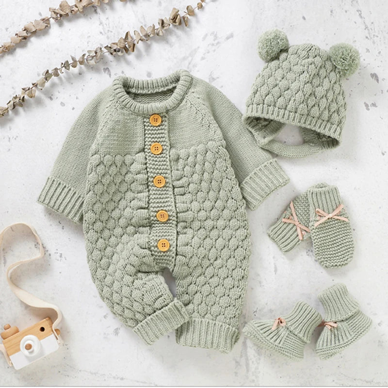 Winter Warm Knitted Baby Rompers & Shoes + Gloves