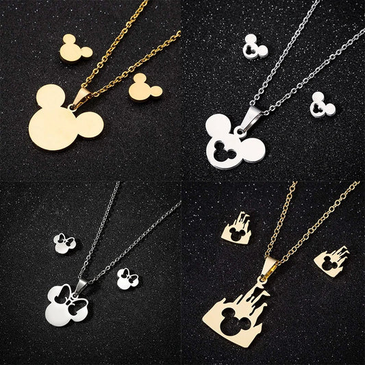 Cute Small Mickey Head Stainless Steel Jewelry Set Gold Silver Color Minnie Mouse Stud Earring Necklace For Women Girls Party