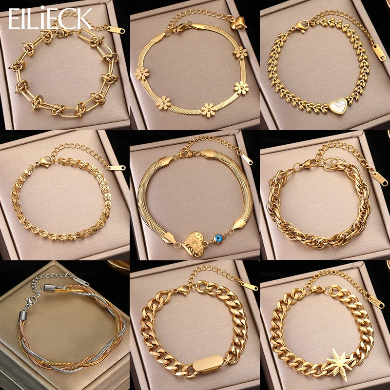 EILIECK 316L Stainless Steel Gold Color Bracelet for Women Simple Style Link Chain Bangle Trendy Fashion Non-fading Jewelry Gift