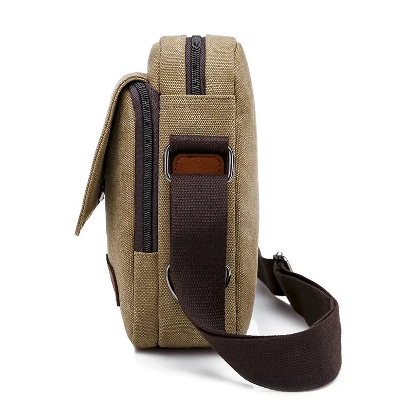 Men's Canvas Shoulder Bag Korean Version Business Simple Casual Canvas Crossbody Bag Small Messenger Bag Flap Pocket Sling Bag