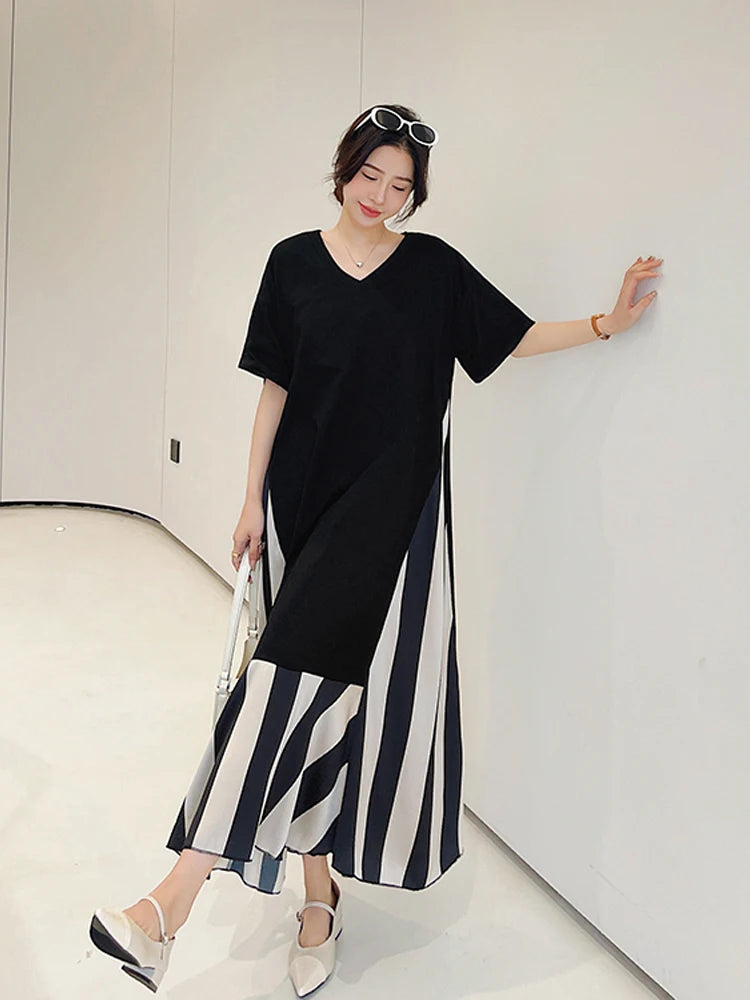 NYFS 2024 Summer New Korea Dresses For Women Vestidos Robe Elbise Loose Plus Size Patchwork Silk Velvet Stripe Long Dress