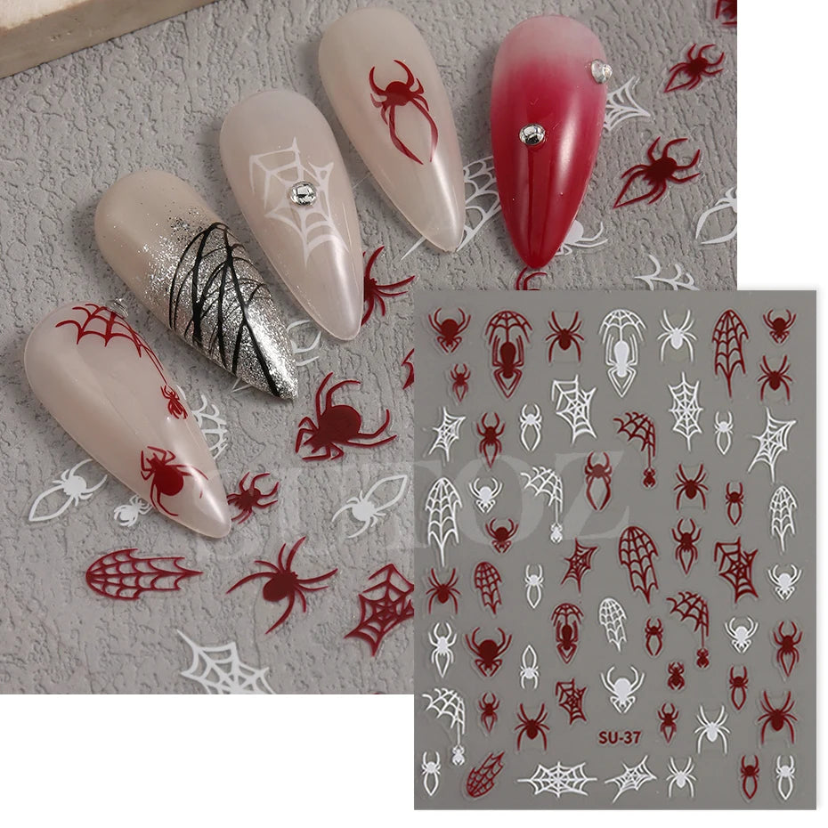 Red Spiders Halloween Nail Stickers Y2K Laser Red Spider&Cobweb Black White Halloween Night Party DIY Nails Charms Decor LESU-37