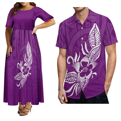 Hot-Selling Women'S Short-Sleeved Dress And Men'S Aloha Shirt Samoa Polynesian Tribe Paired With A Black Couple Outfit