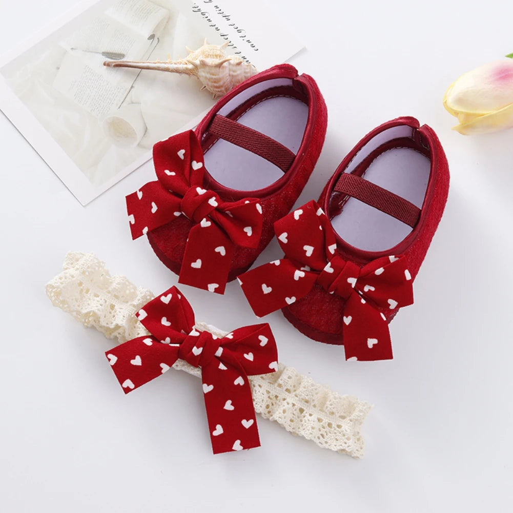 Cute Bowknot Shoes With Hairband For Baby Girls Toddler Soft Shoes Infant Toddlers Walkers Print Princess Shoe First Walkers