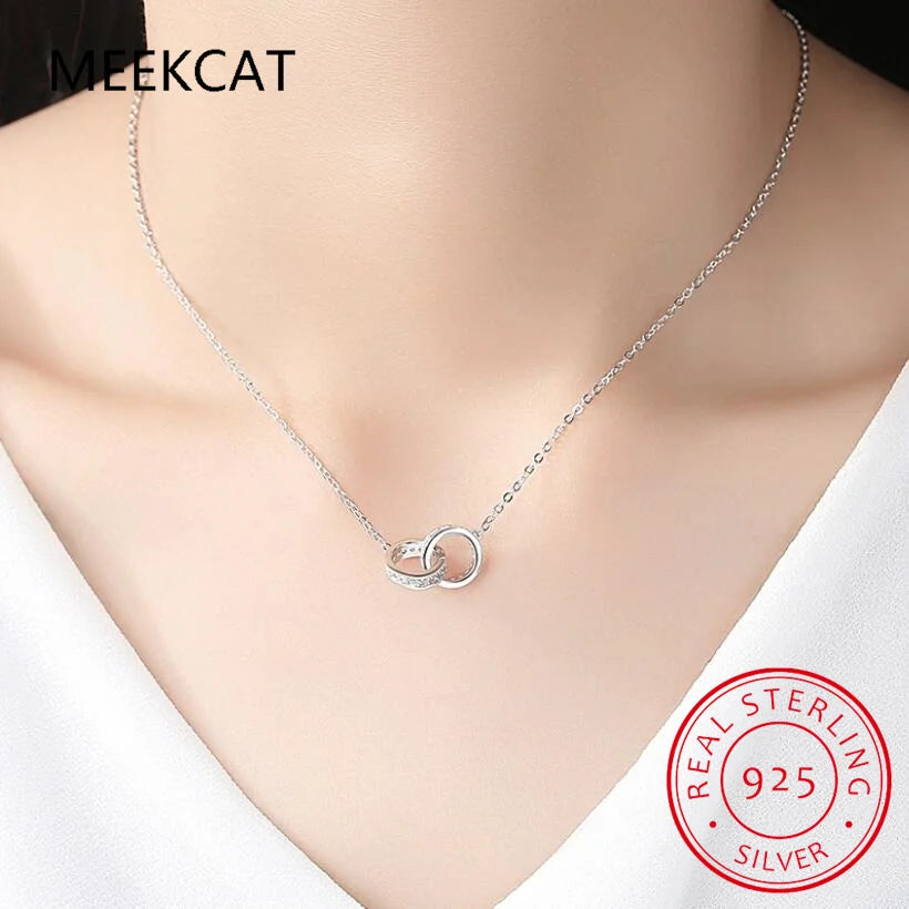 925 Sterling Silver Double Circle Interlock Pendant Necklace Double Ring Collarbone Neck Chain for Women Jewelry BSN295