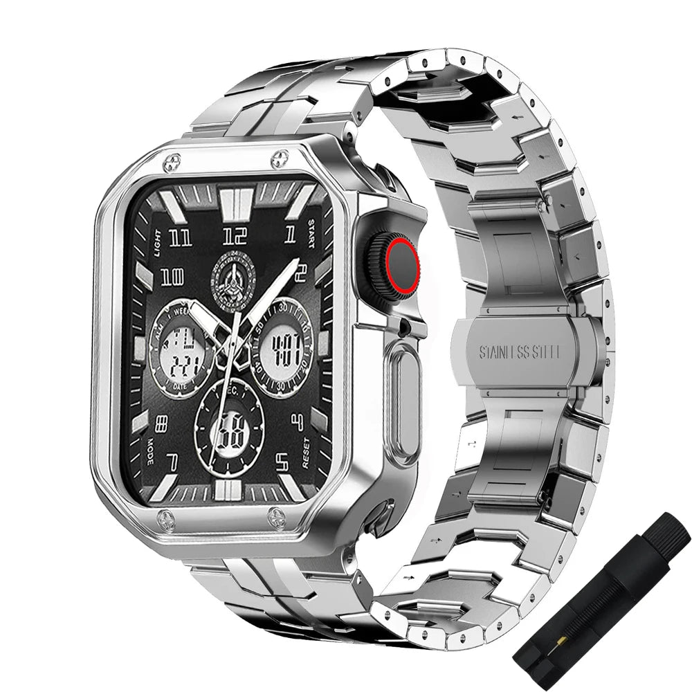 Case+Strap for Apple Watch Ultra Band 49mm 8 7 41mm 45mm Stainless Steel Metal Chain with TPU Cover iWatch 6 5 4 3 44mm 40mm 42m