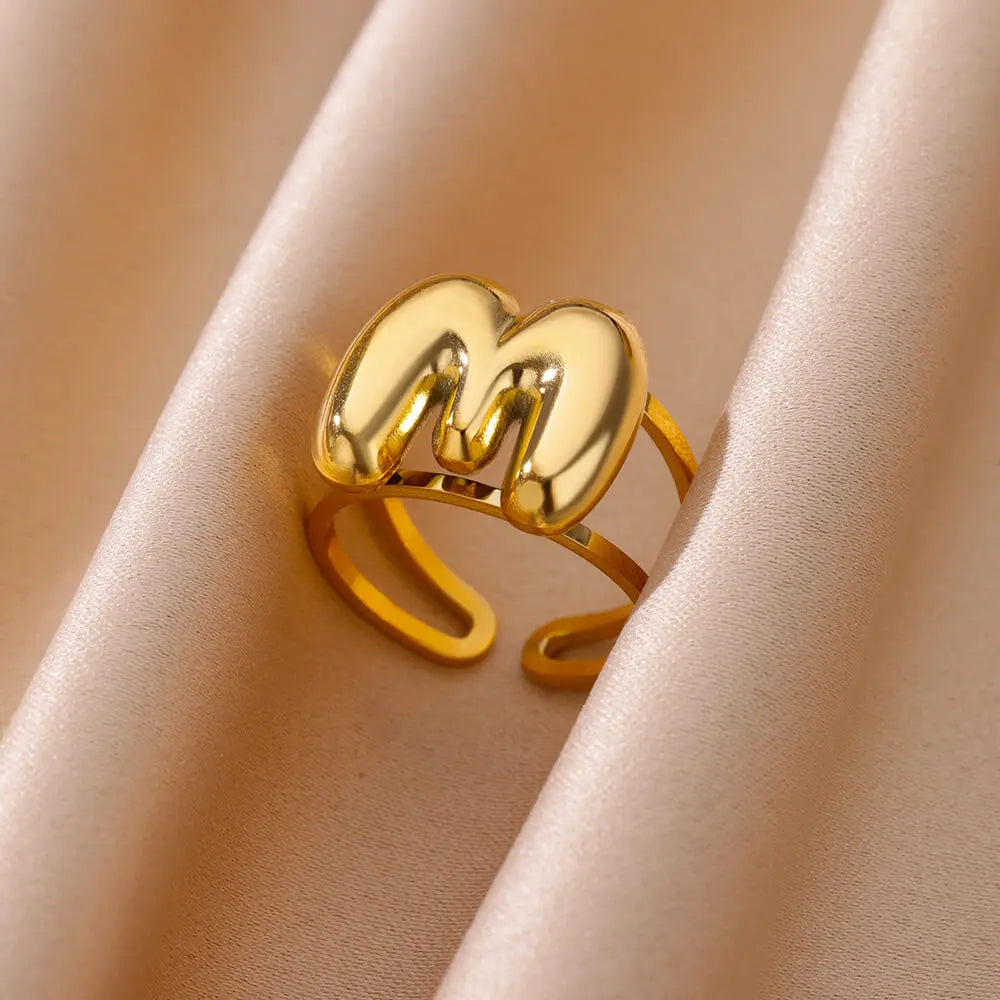 Initials Letter Rings for Women Stainless Steel Gold Color Opening Ring Waterproof Alphabet Letters Band Couple Wedding Jewelry