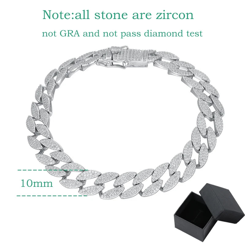 10mm All Zircon Cuban Bracelet for Men Women Hip Hop High Carbon Diamond Chain 100% 925 Sterling Silver Bangle 16-23cm