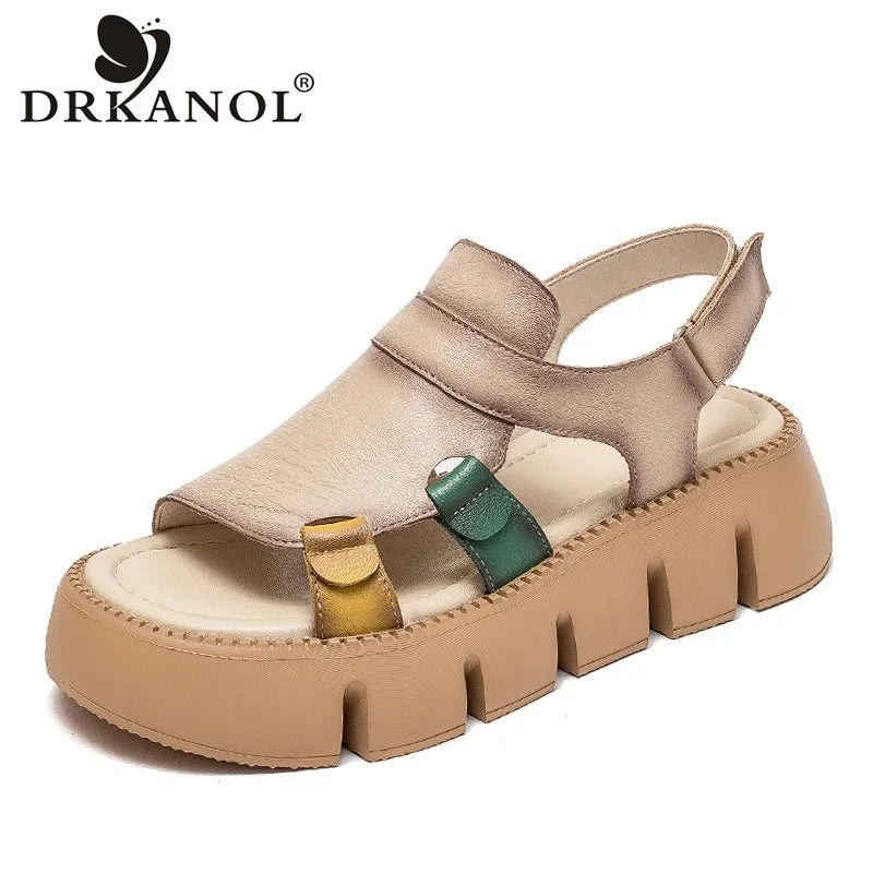 DRKANOL 2024 Handmade Genuine Leather Sandals Women Designer Luxury Hook And Loop Wedges Platform Casual Sandals Summer Shoes