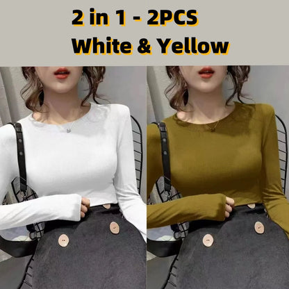 Autumn Office Lady Basic O-Neck Slim T-Shirt Women Solid Multi Color All-Match Trend Casual Top Screw Thread Long Sleeve Elastic