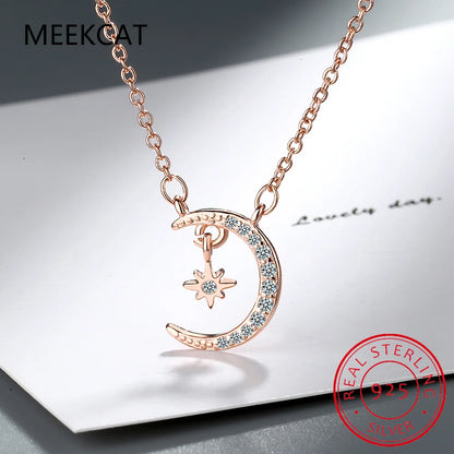 Moissanite Diamond Necklace 14K Rose Gold Plated 925 Sterling Silver Moon Star Pendant Necklace For Women Girls Fine Jewelry