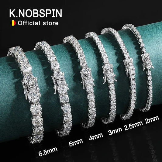 KNOBSPIN 2mm Moissanite Tennis Bracelet 925 Sterling Silver Plated White Gold Bracelet for Women Man Sparkling Party Jewelry