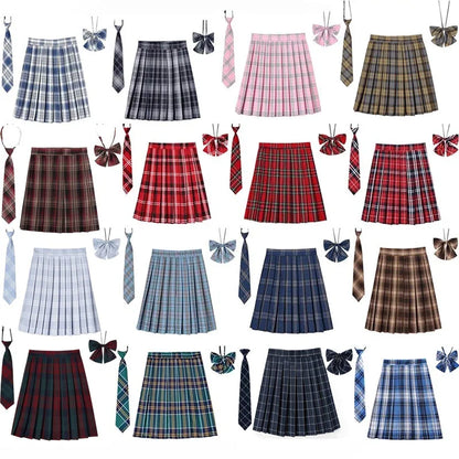 Women Plaid Pleat Skirt With Necktie Bowtie