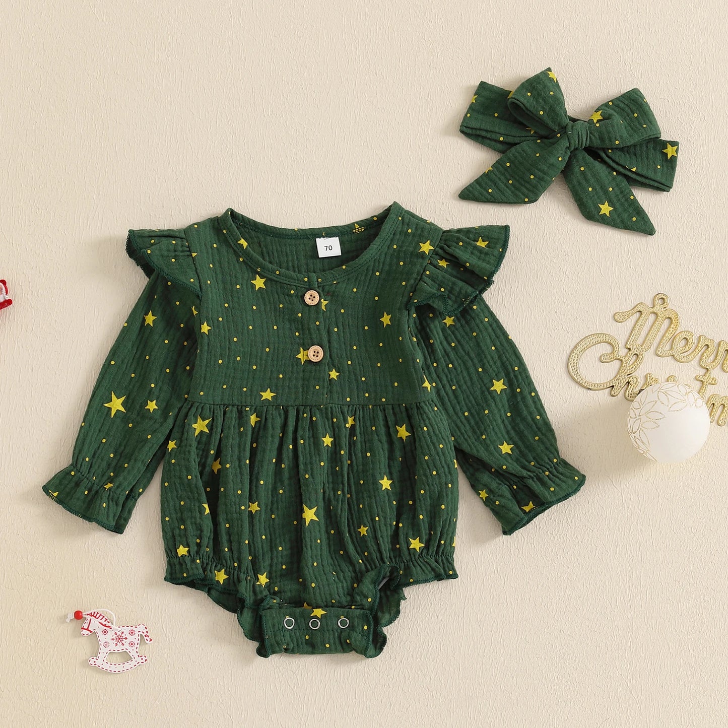 Autumn Christmas Infant Baby Girl Bodysuit Star Print Long Sleeve Jumpsuit Headband Xmas Clothes