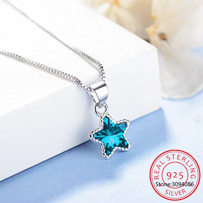 100% 925 Solid Sterling Silver Necklace Women Girl Sweet Star Blue CZ 40cm Short Clavicle Necklace For Teen Jewelry DS981