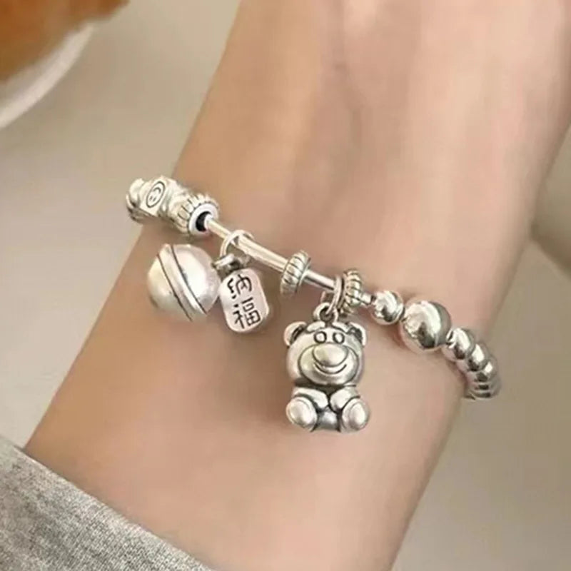 New Arrival Strawberry Bear Fortune Bell 925 Sterling Silver Female Charm Bracelet Jewelry For Women Birthday Gifts No Fade