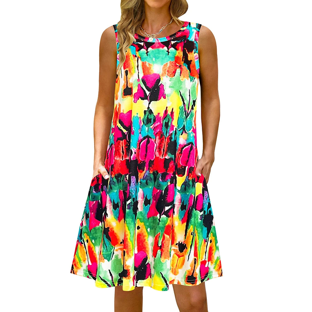 Colorful Printed O Neck Long Dress Casual Bohemian Sleeveless