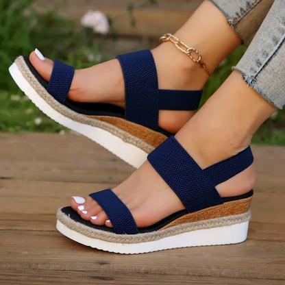 Women's Shoes 2024 Hot Sale Elastic Band Women's Sandals Summer Open Toe Solid Color Wedge Beach Shoes Ladies Platform Sandals