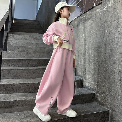 Girls Fashion Streetwear Dance Clothes Set Kids Short Zipper Coat Pants Sets Tracksuits Teen Clothing 3 5 7 9 11 13 15 Years Old