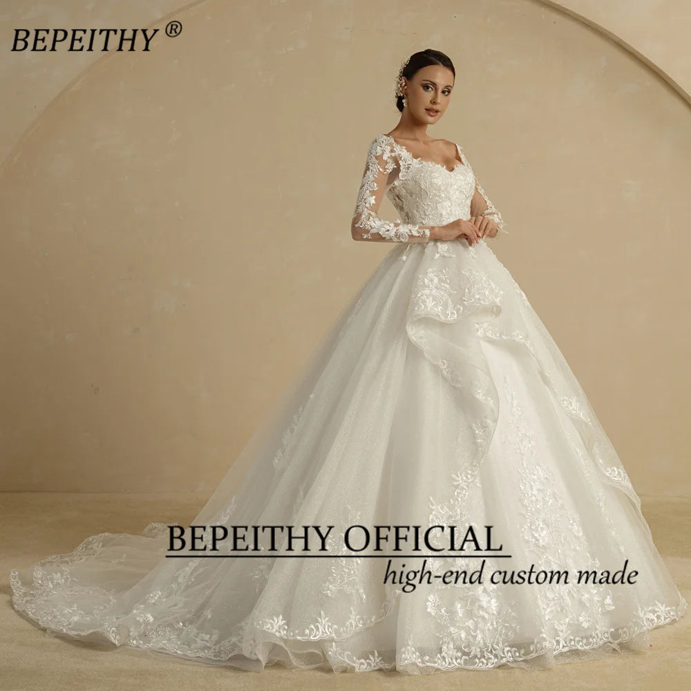 BEPEITHYCustomized Glitter Ball Gown Wedding Dress Full Sleeves For Women Bride 2022 Sweetheart Ruffle Skirt Shinny Bridal Dress