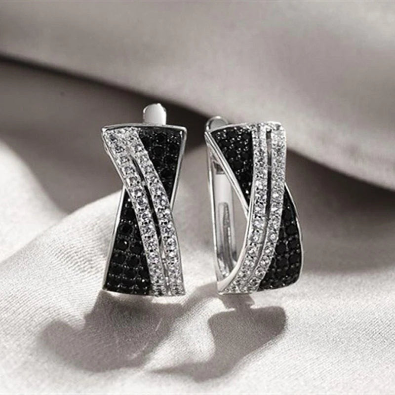 Huitan Black/White Cross Earrings for Women New Trendy Hoop Earrings Silver Color Modern Fashion Female Accessories CZ Jewelry