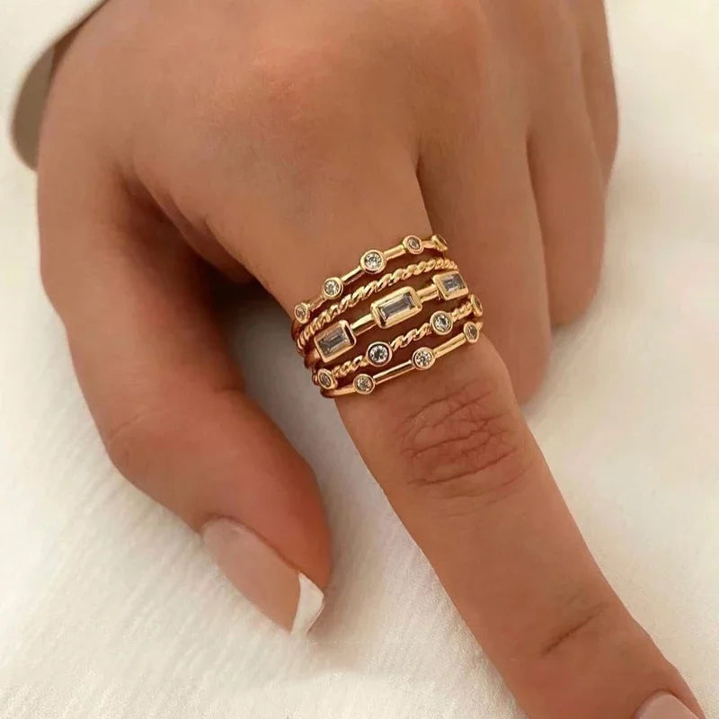 2024 Nwe Stainless Steel 18 K Gold Plated Sun Rings for Women Natural Stone Inlaid in Hollow Metal Texture Ring Trendy Jewelry