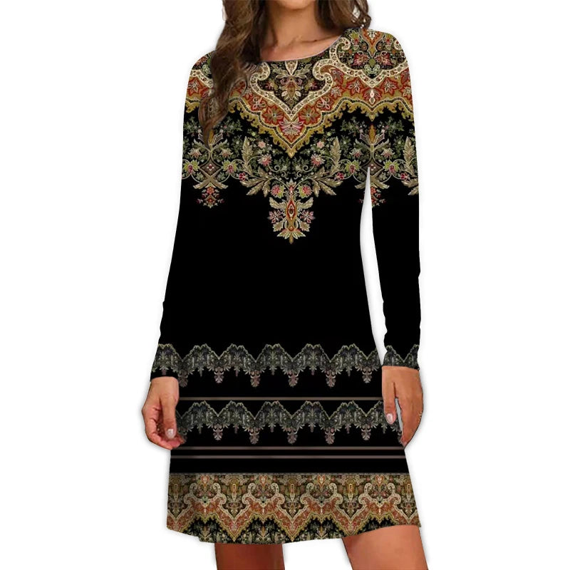 2024 Fall New Arrival Women's Dresses Ethnic Style Bohemian 3D Printing Dress Vintage Casual Loose Long-Sleeve Fashion Clothing