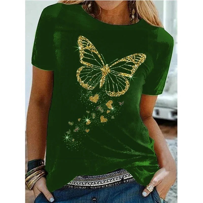 Golden Butterfly Print Women T Shirt Short Sleeve O Neck Loose Women Tshirt Ladies Tee Shirt Tops Clothes Camisetas Mujer