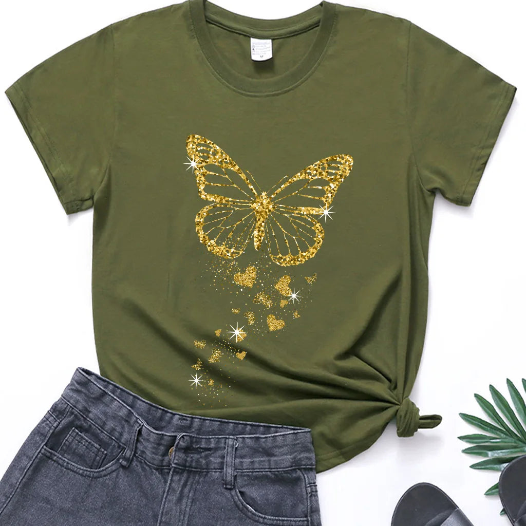 Golden Butterfly Print Women T Shirt Short Sleeve O Neck Loose Women Tshirt Ladies Tee Shirt Tops Clothes Camisetas Mujer