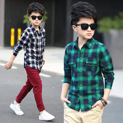 Boys Shirts Fashion Children Plaid Shirts Cotton Long Sleeve Boys Tops Shirt Teenage Kids Boys Clothes 5 6 8 9 10 12 14 15 Years