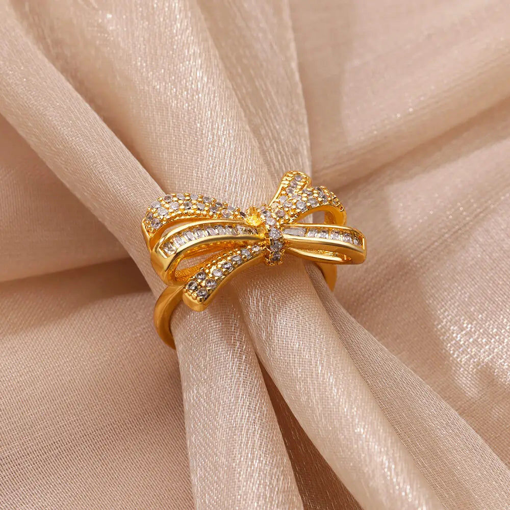 Classic Zircon Bow Open Rings For Women Stainless Steel Gold Color Trendy Wedding Aesthetic Ring Designer Delicate Jewelry Gift