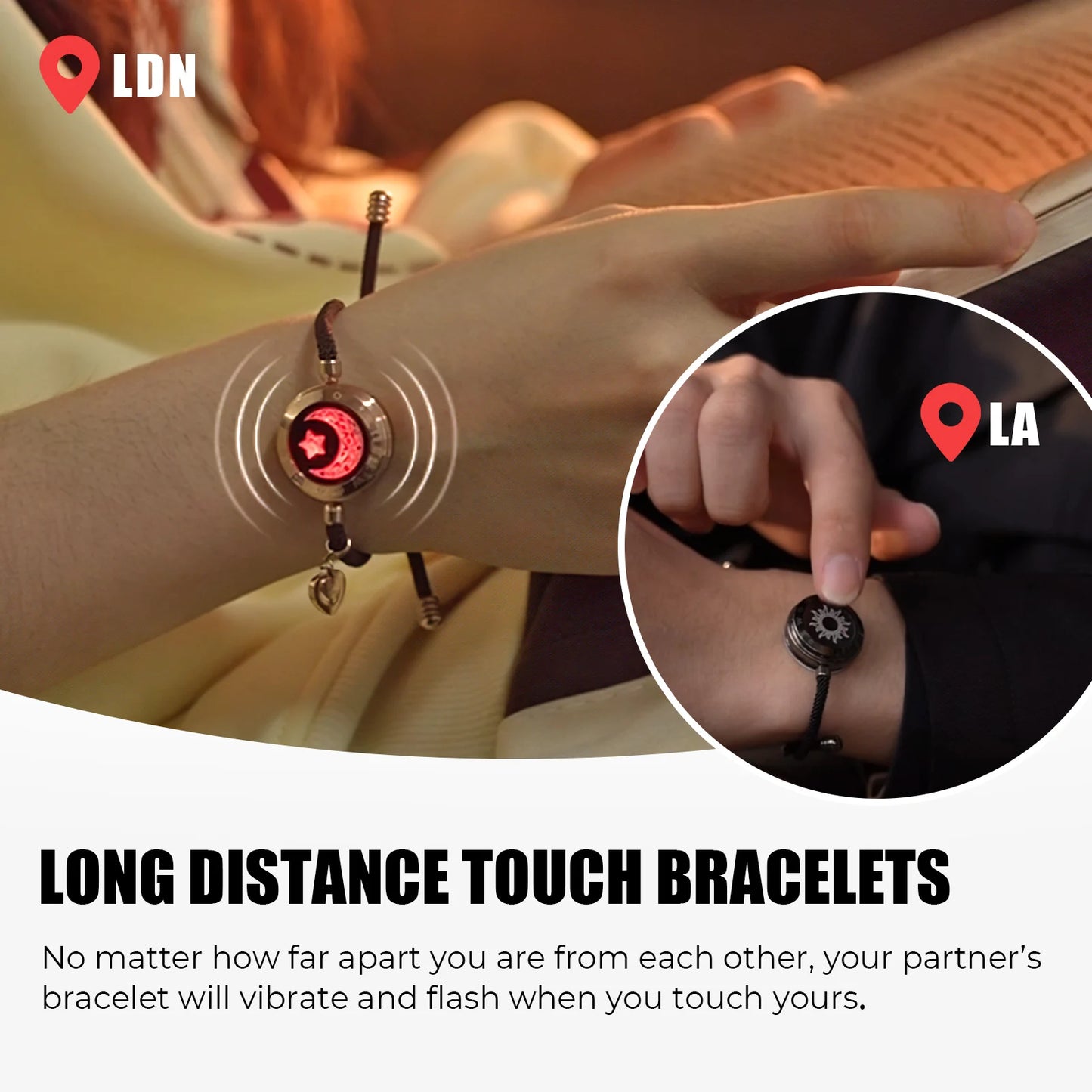 Long Distance touch Light up &Vibrate Bracelets for Couples, Long Distance Relationship Gifts Smart Sun&Moon Love Bracelet