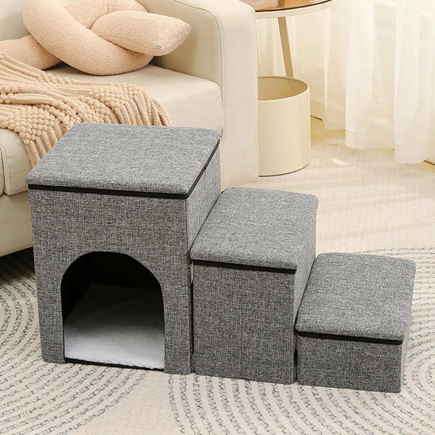 Folding Pet Stairs with Storage Box Non-Slip Pads High Beds Dog Puppy Ramp Dog Stairs for Indoor/Outdoor Travel Dog Cat Steps