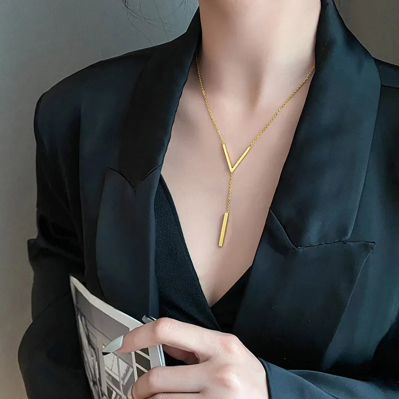 hStainless steel V-shaped long sexy Clavicle Necklace Ladies and girls stainless steel Gold colour chain Necklace  Party jewelry