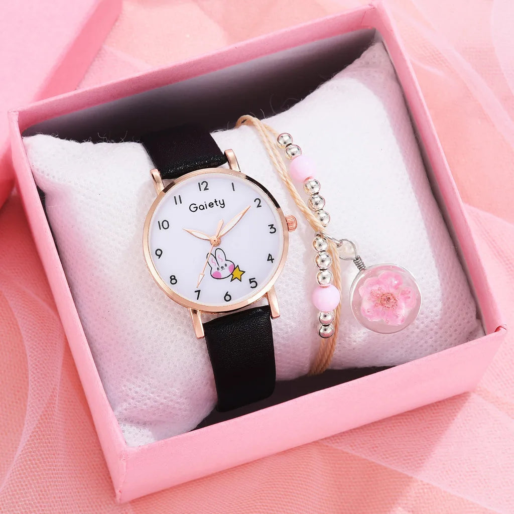 New 5pcs Women Watch Bracelet Set Leather Cute Rabbit Girls Wristwatch Fashion Ladies Quartz Clock Reloj Mujer Students' Gift