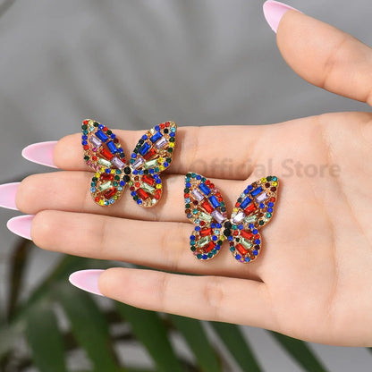 Elegant Design Butterfly Earrings Women Korean Fashion Colorful Crystal Ear Piercing Studs Cute Fairy Temperament Luxury Jewelry