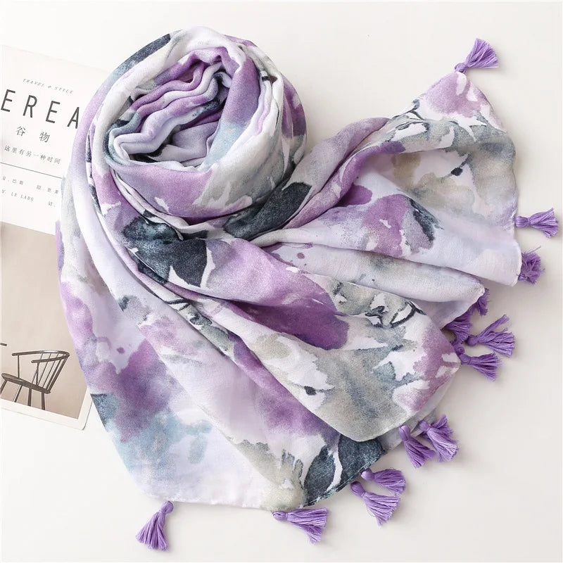 2023 New Purple Ink Flowers Retro Long Scarf Women Bohemia Luxury Florals Beach Shawls Viscose Hijab Scarves