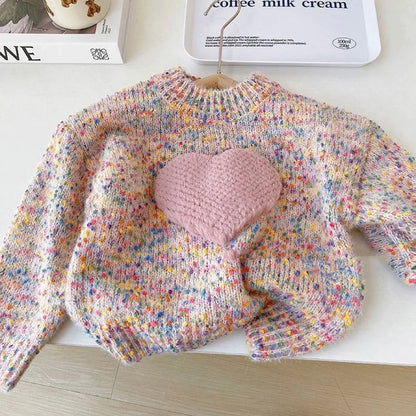 Children's Clothing Autumn Winter Girls Fashion Thickened Knitted Pullover Sweater Children's Three-Dimensional Love Colored Top