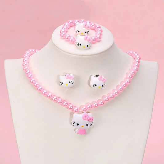 4pcs/set Sanrio Cartoon Hello Kitty Necklace Finger Ring Bracelet Set Kawaii Birthday Gifts For Girls Jewelry Accessories