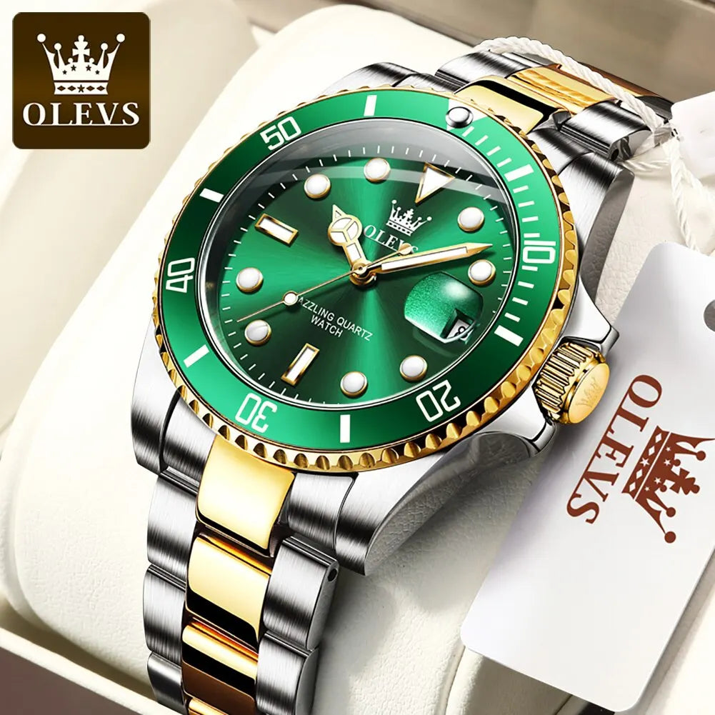 OLEVS Top Original Men Quartz Watch Green Waterproof Watch for Men Stainless Steel Quartz Men Luxury Watch Luminous Wristwatch