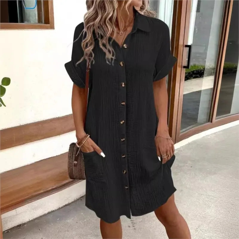 Summer Turn Down Collar Button Up Dress For Women Casual Loose Short Sleeve Pocket Splicing Solid Color Dresses Femme Robe